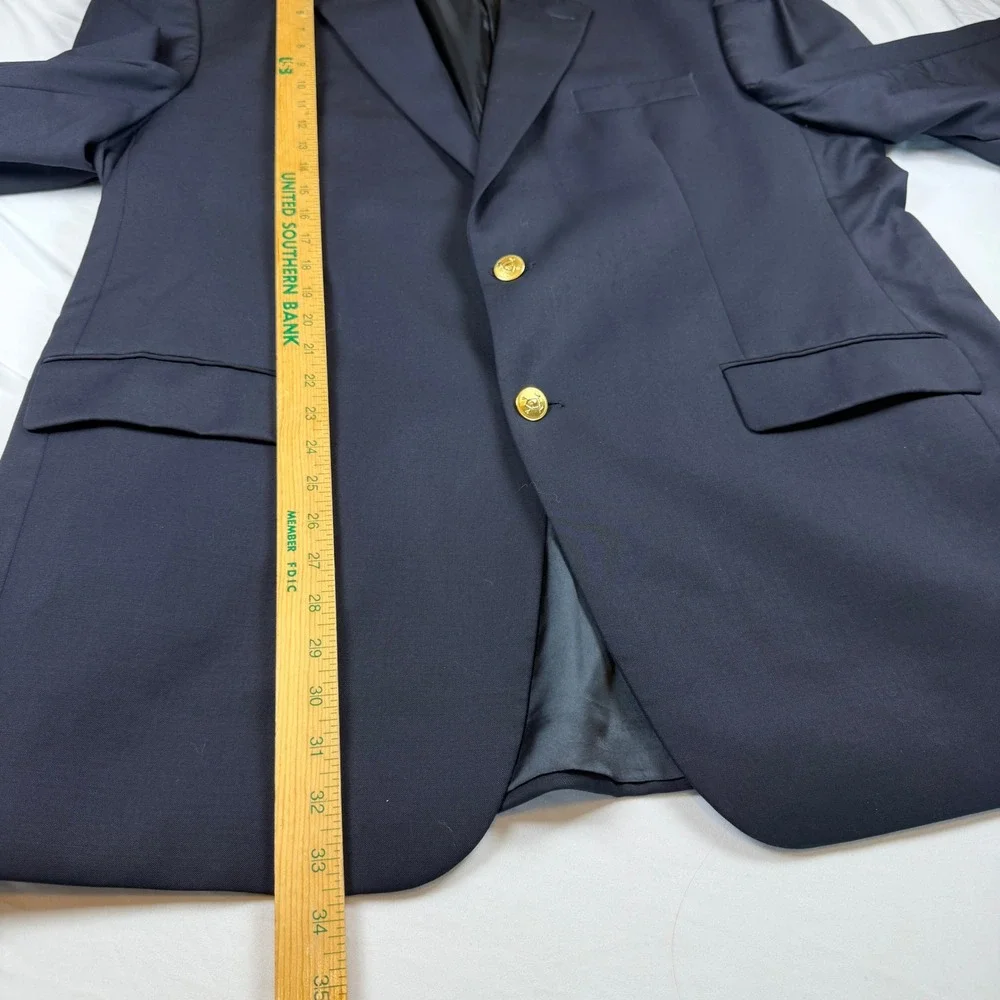 Chaps Mens Navy Blue 100% Wool Blazer Gold Crest Buttons Sport Coat 46L